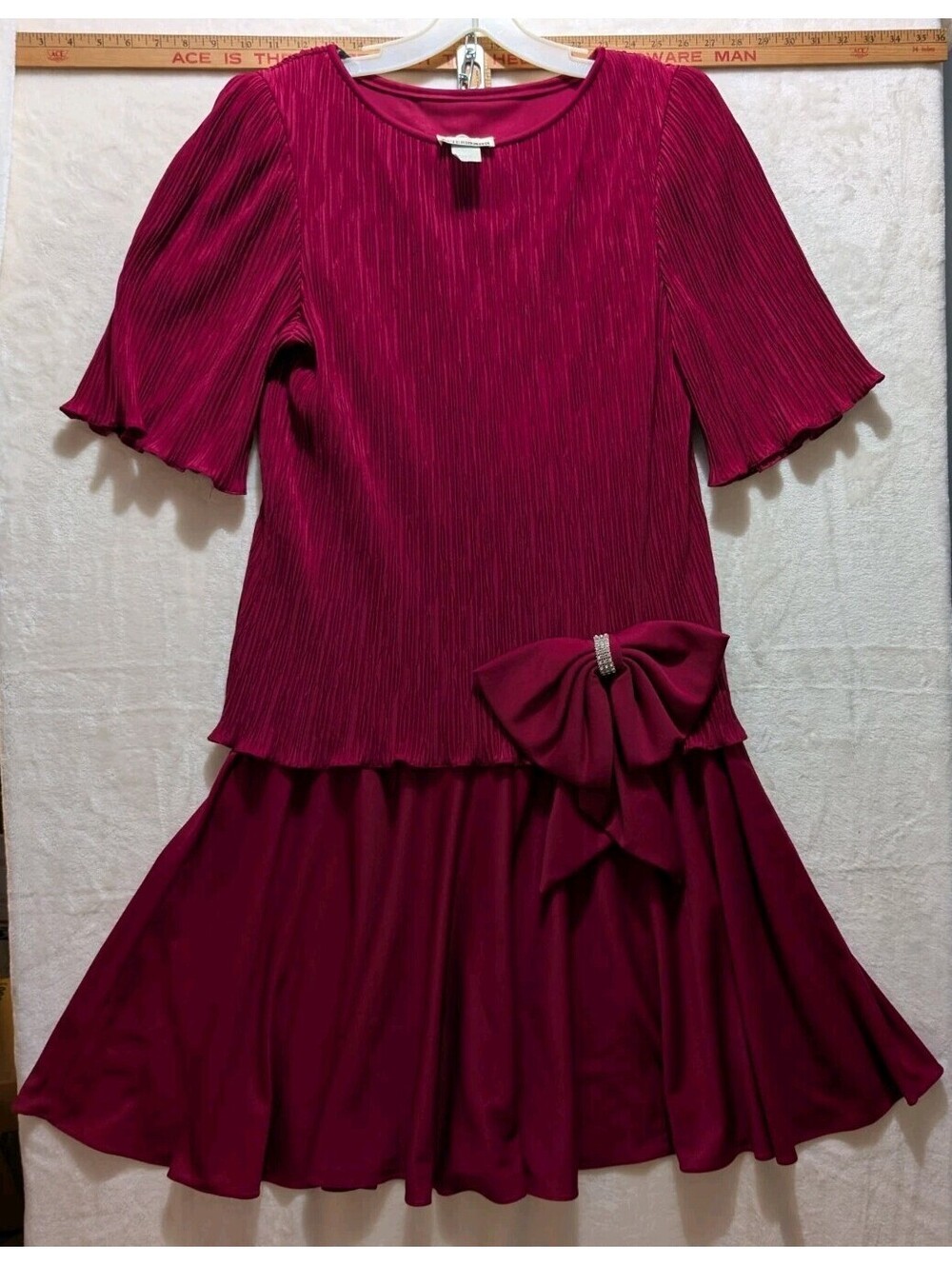 Vintage After Dark 1980s Ruby Red Plisse Pleated Drop-Waist Cocktail Dress with